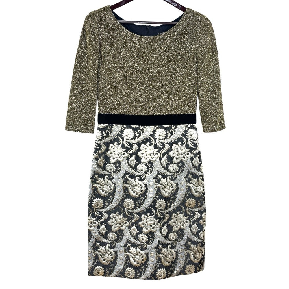 J Peterman Electric Light Dress Womens 8 Gold Black Metalic Jacquard Brocade Lux